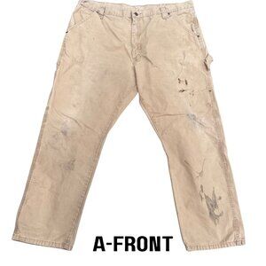 THRASHED Distressed Wrangler Riggs Workwear Canvas Work Carpenter Pants 42 x 30